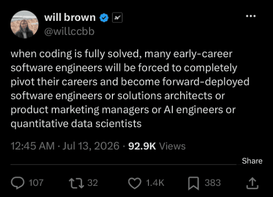 A post predicting career pivots for early-career software engineers as coding becomes automated